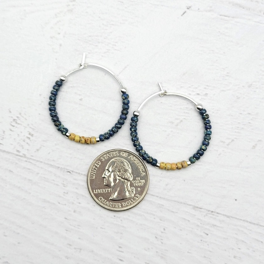 Blue Beaded Silver Hoop Earrings